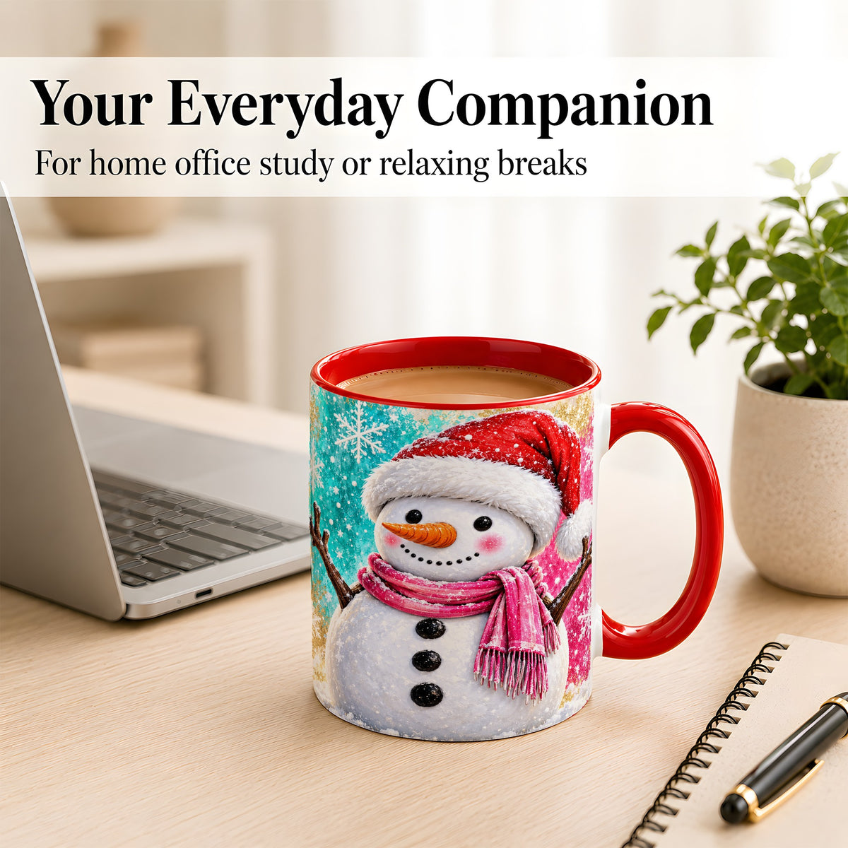 #pl[11oz|Red] Cheerful Snowman Coffee Mug, Christmas Winter Mug, Ceramic Cup