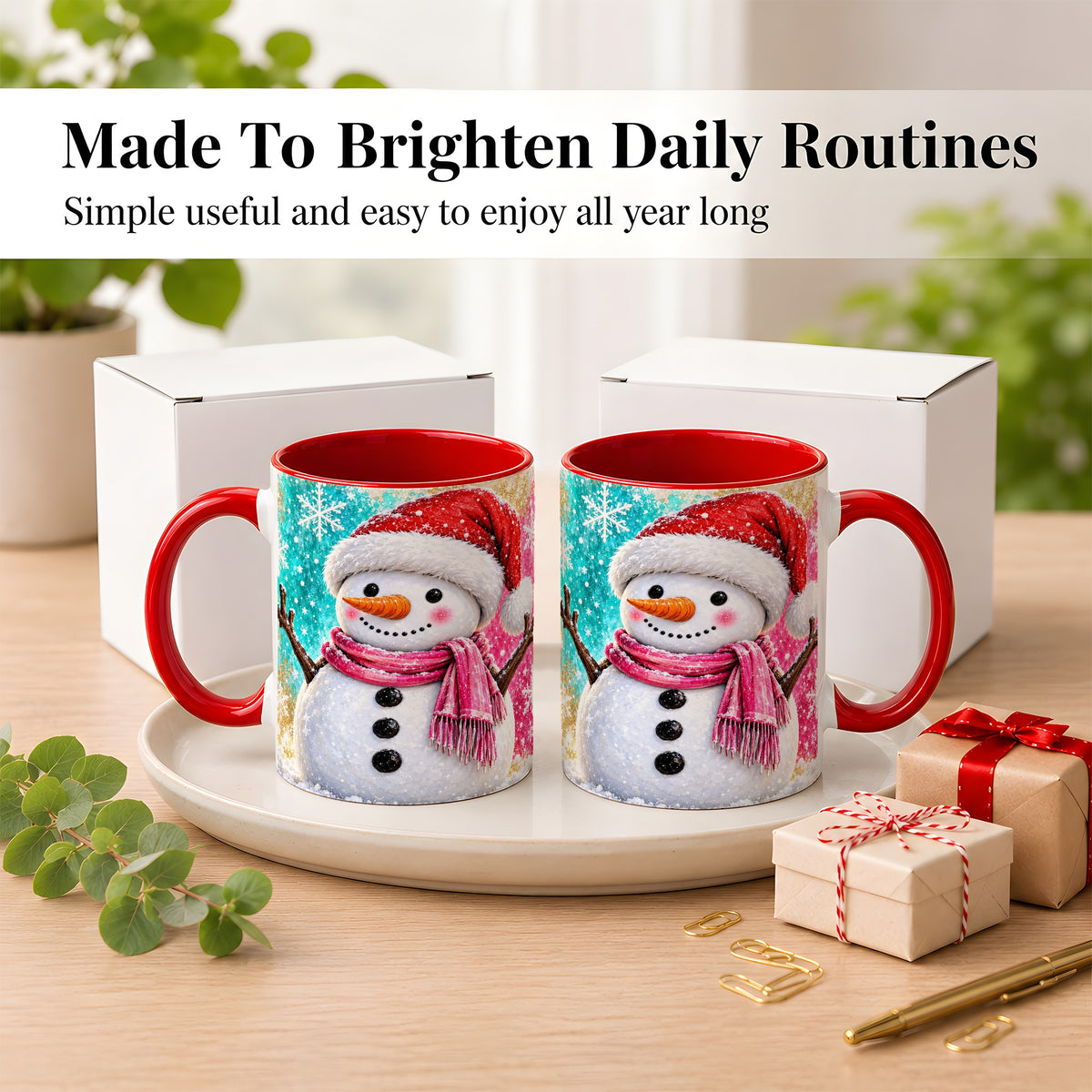 #pl[11oz|Red] Cheerful Snowman Coffee Mug, Christmas Winter Mug, Ceramic Cup