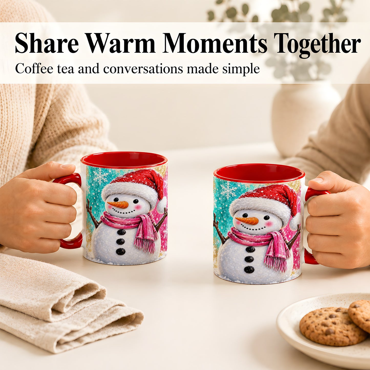 #pl[11oz|Red] Cheerful Snowman Coffee Mug, Christmas Winter Mug, Ceramic Cup
