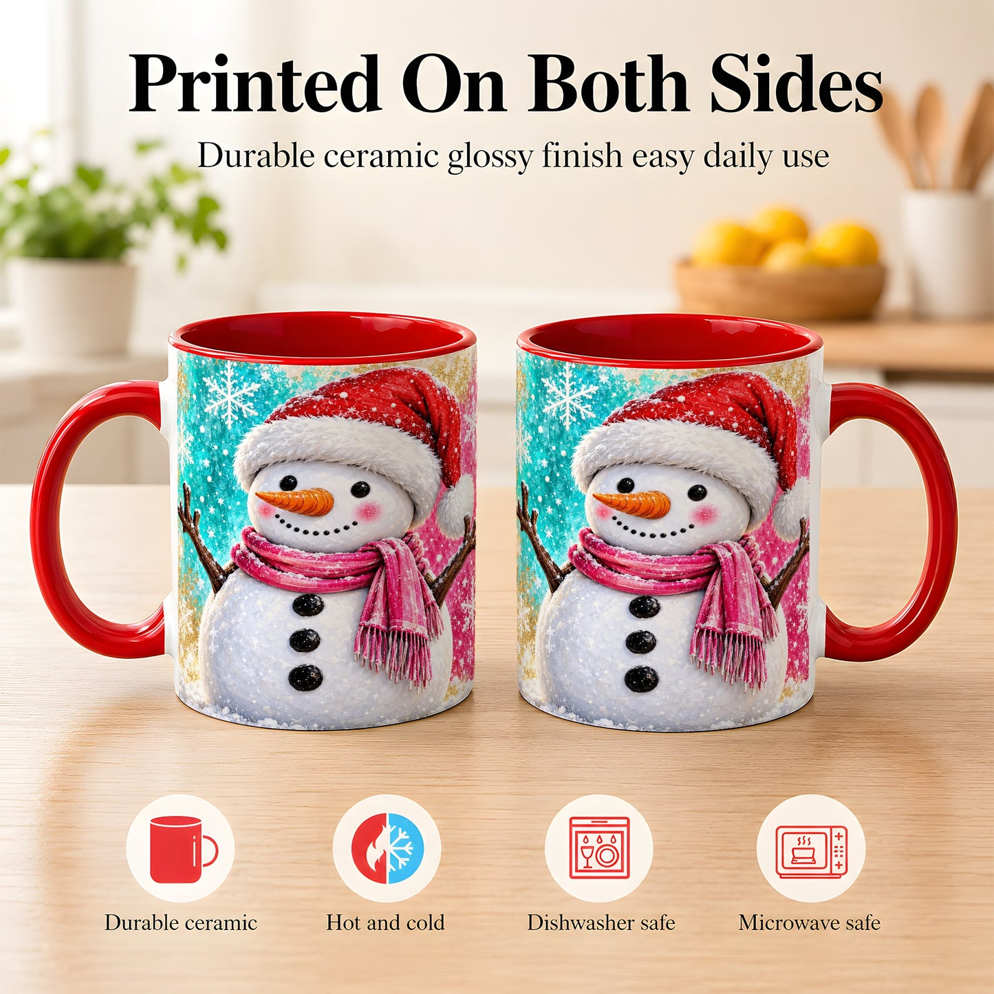 #pl[11oz|Red] Cheerful Snowman Coffee Mug, Christmas Winter Mug, Ceramic Cup