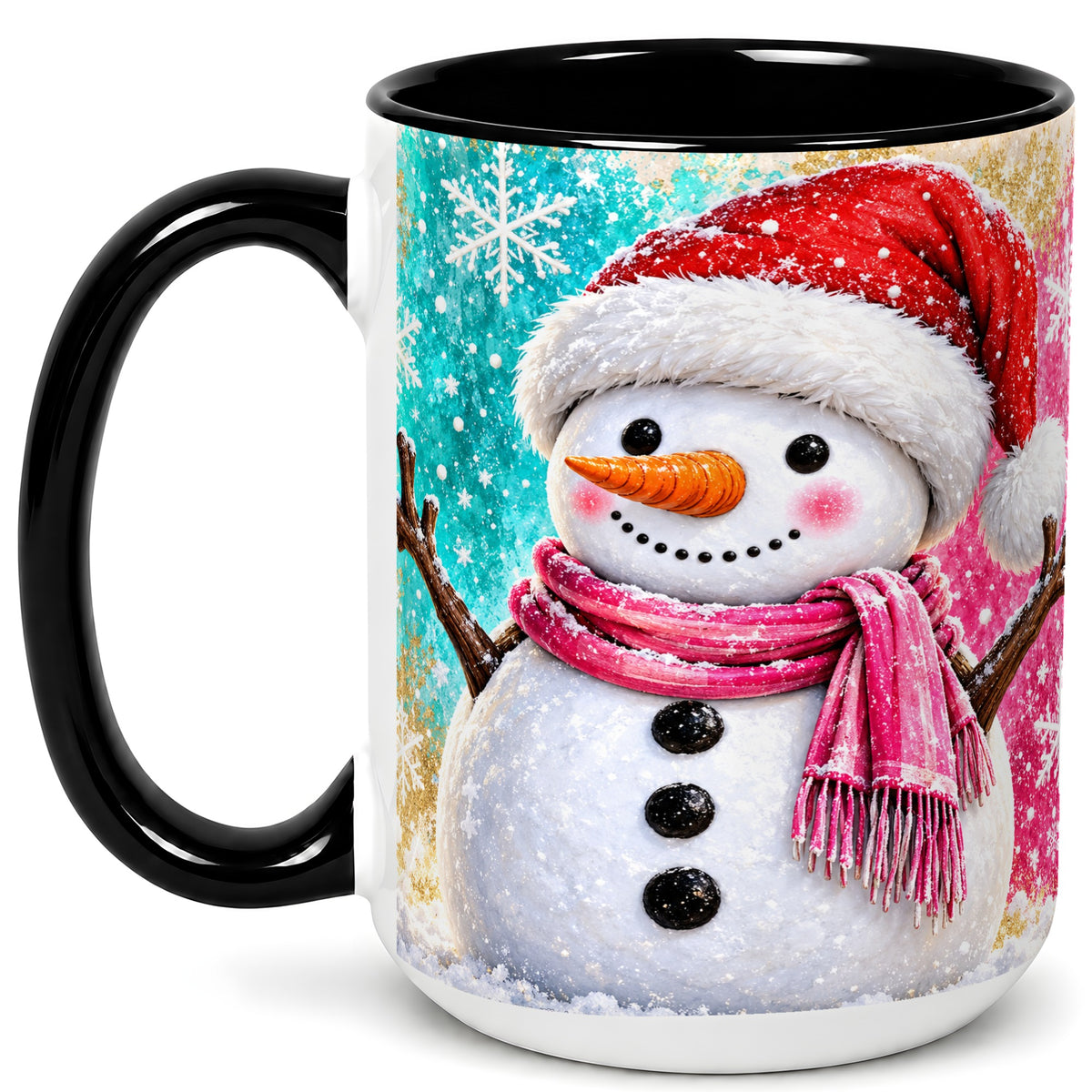 #pl[15oz|Black] Cheerful Snowman Coffee Mug, Christmas Winter Mug, Ceramic Cup