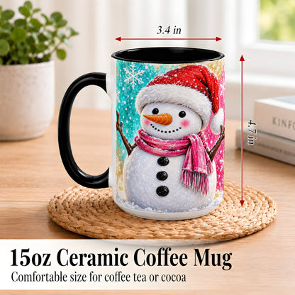 #pl[15oz|Black] Cheerful Snowman Coffee Mug, Christmas Winter Mug, Ceramic Cup