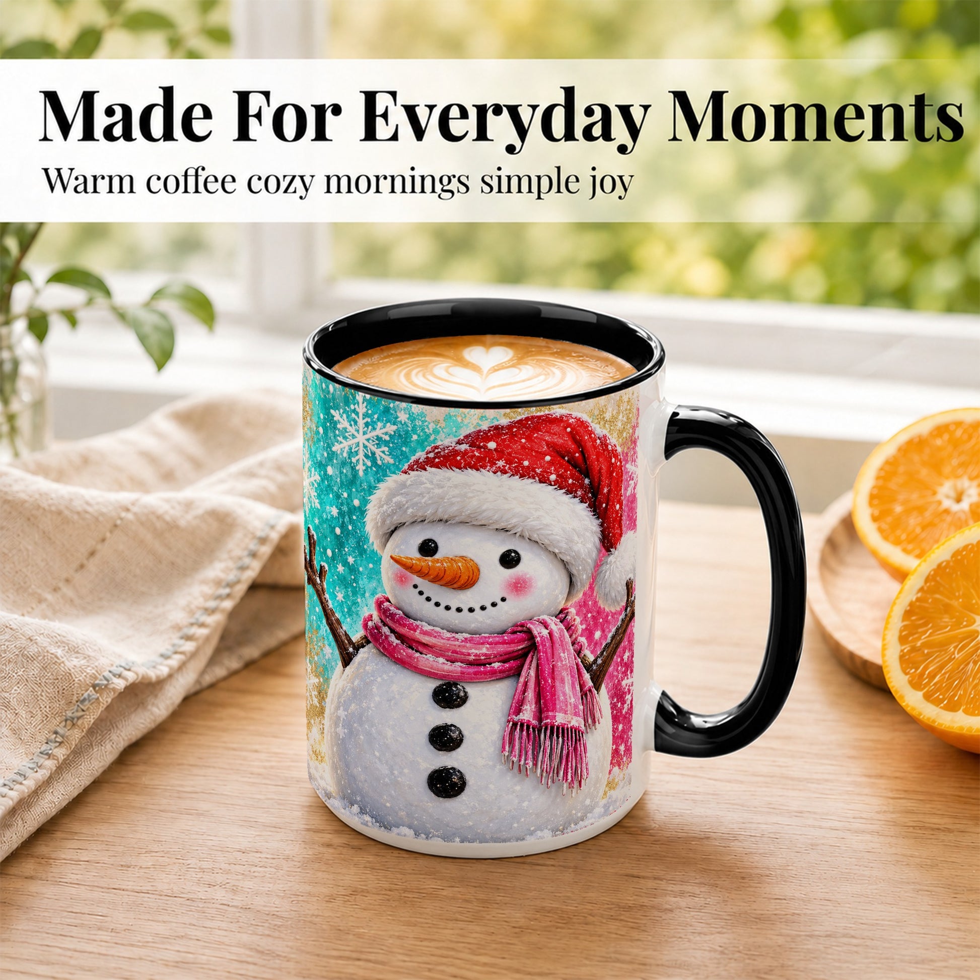#pl[15oz|Black] Cheerful Snowman Coffee Mug, Christmas Winter Mug, Ceramic Cup