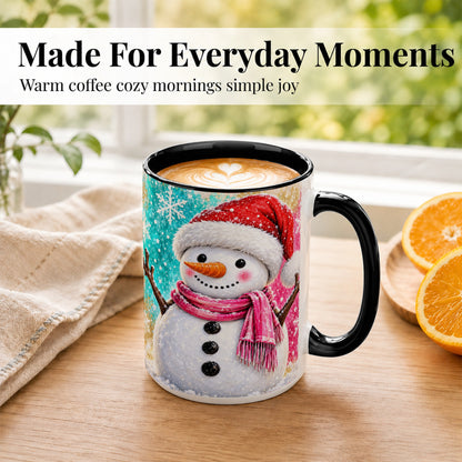 #pl[15oz|Black] Cheerful Snowman Coffee Mug, Christmas Winter Mug, Ceramic Cup