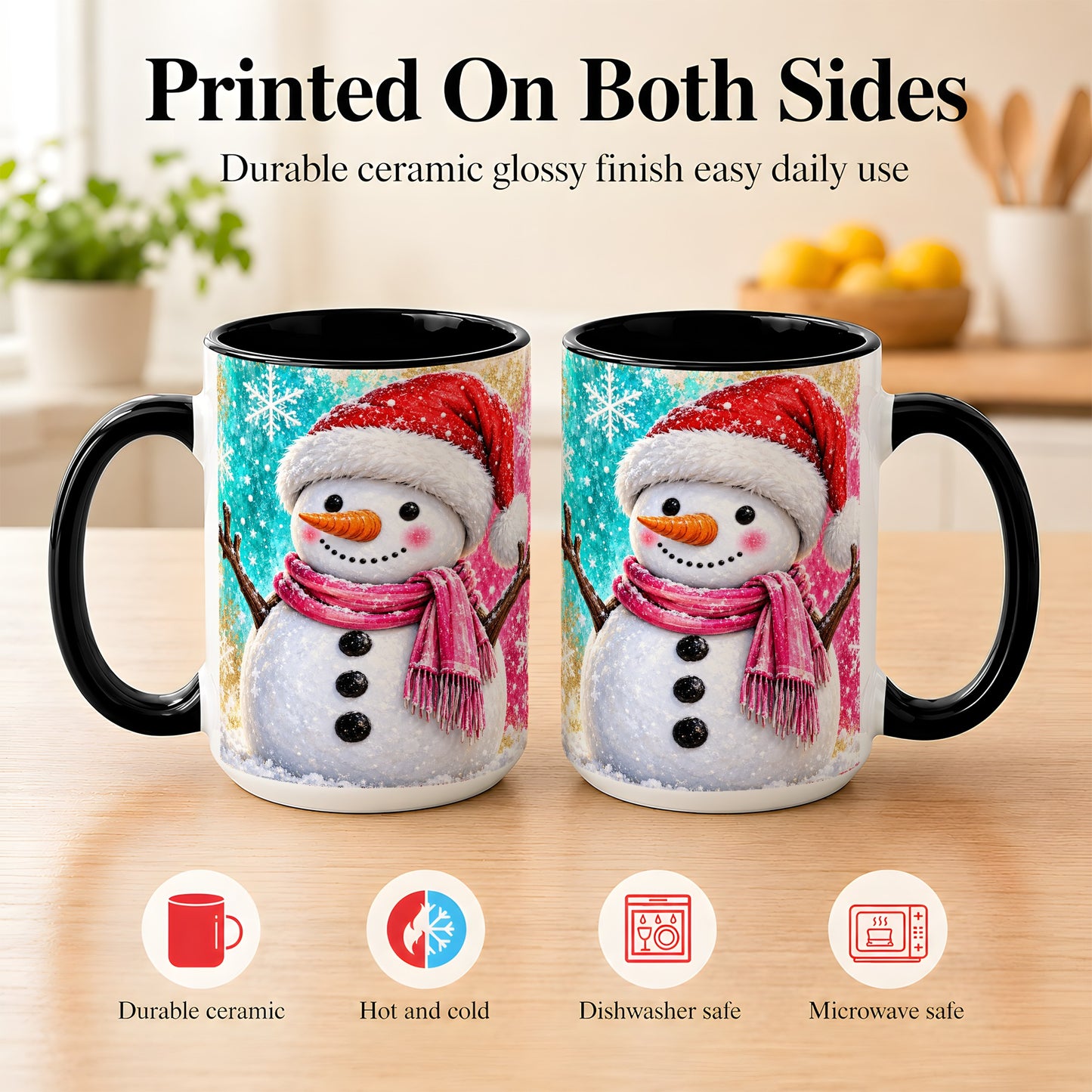 #pl[15oz|Black] Cheerful Snowman Coffee Mug, Christmas Winter Mug, Ceramic Cup