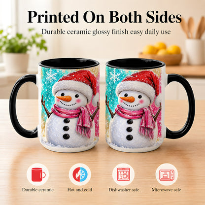 #pl[15oz|Black] Cheerful Snowman Coffee Mug, Christmas Winter Mug, Ceramic Cup