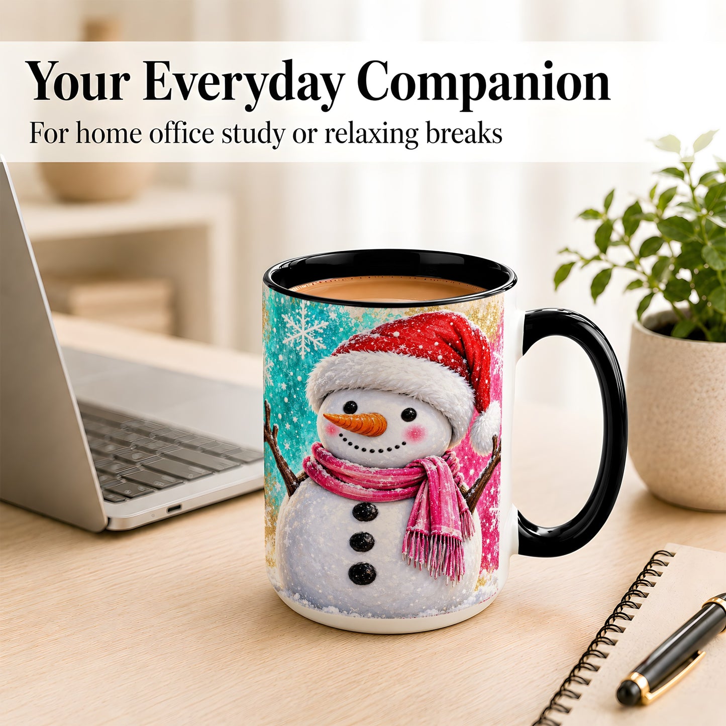 #pl[15oz|Black] Cheerful Snowman Coffee Mug, Christmas Winter Mug, Ceramic Cup