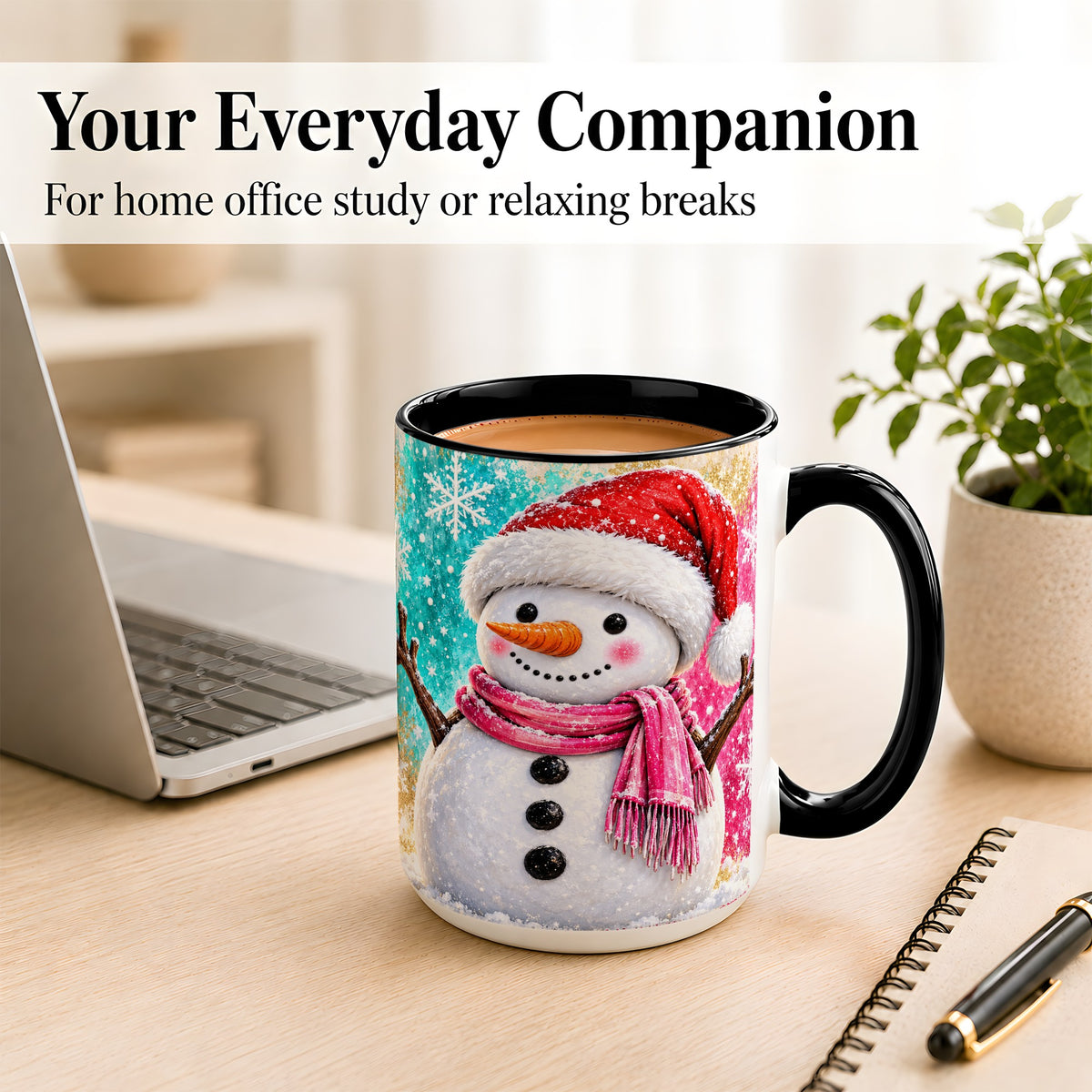 #pl[15oz|Black] Cheerful Snowman Coffee Mug, Christmas Winter Mug, Ceramic Cup