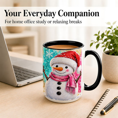 #pl[15oz|Black] Cheerful Snowman Coffee Mug, Christmas Winter Mug, Ceramic Cup