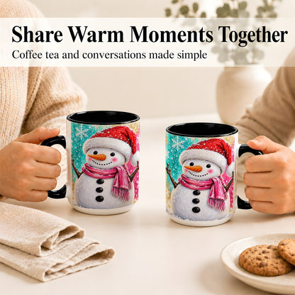 #pl[15oz|Black] Cheerful Snowman Coffee Mug, Christmas Winter Mug, Ceramic Cup