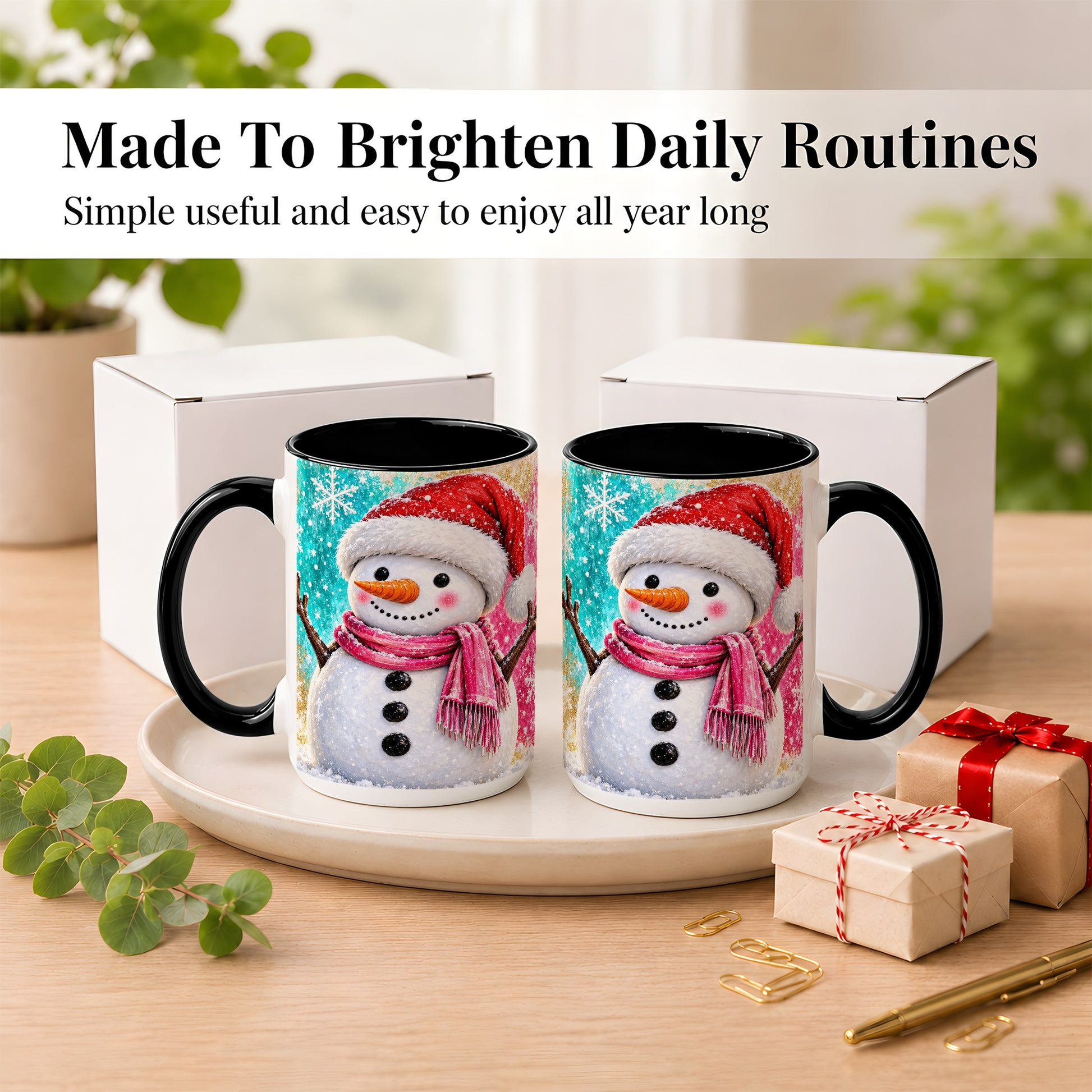 #pl[15oz|Black] Cheerful Snowman Coffee Mug, Christmas Winter Mug, Ceramic Cup