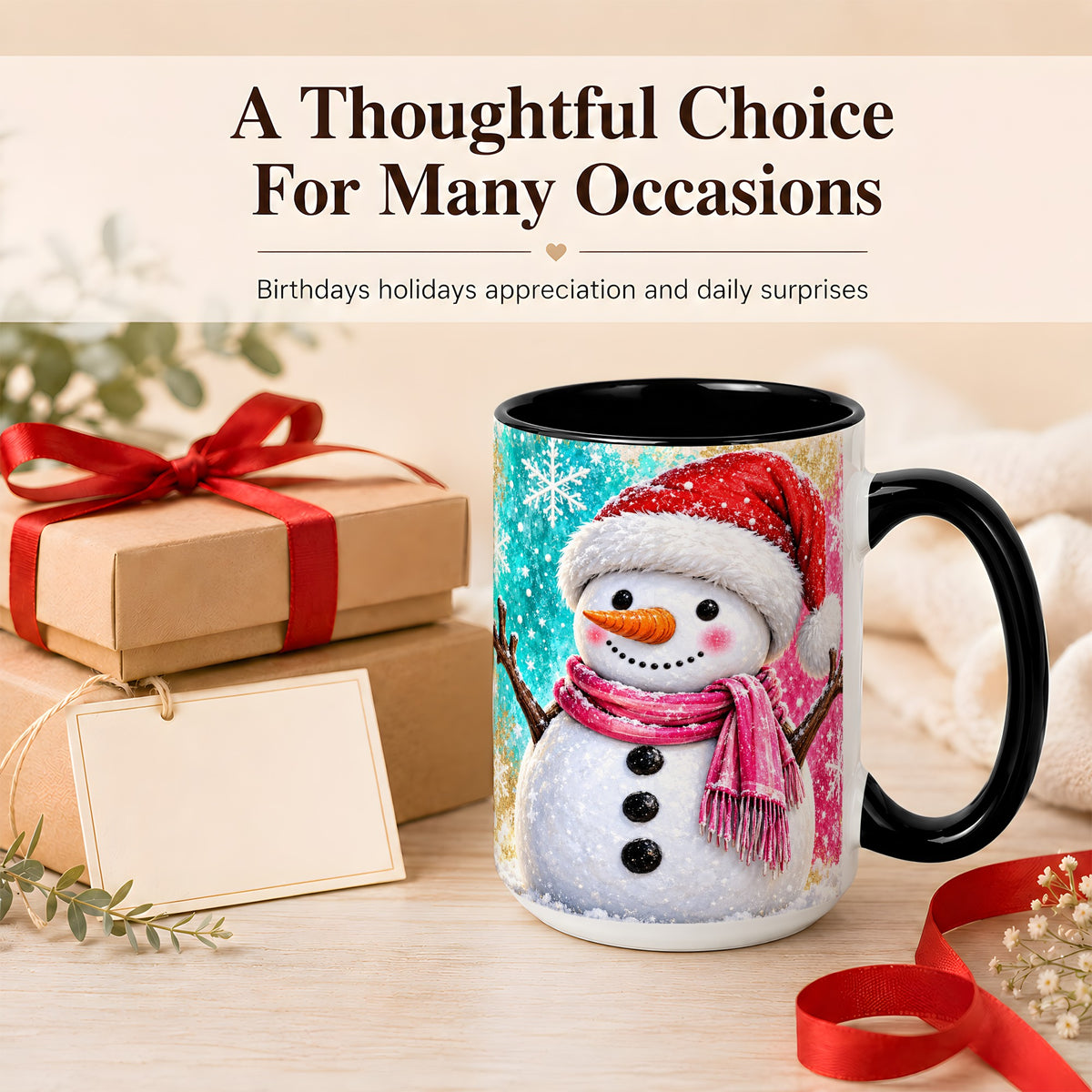 #pl[15oz|Black] Cheerful Snowman Coffee Mug, Christmas Winter Mug, Ceramic Cup