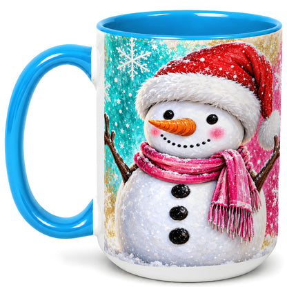 #pl[15oz|Blue] Cheerful Snowman Coffee Mug, Christmas Winter Mug, Ceramic Cup