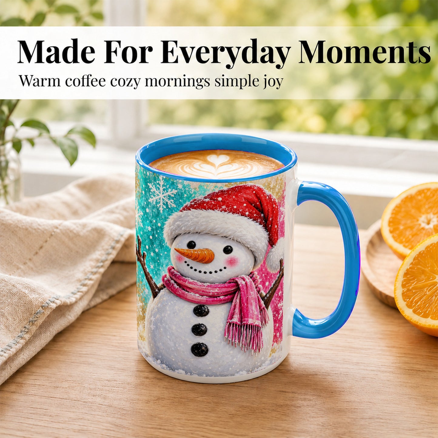 #pl[15oz|Blue] Cheerful Snowman Coffee Mug, Christmas Winter Mug, Ceramic Cup