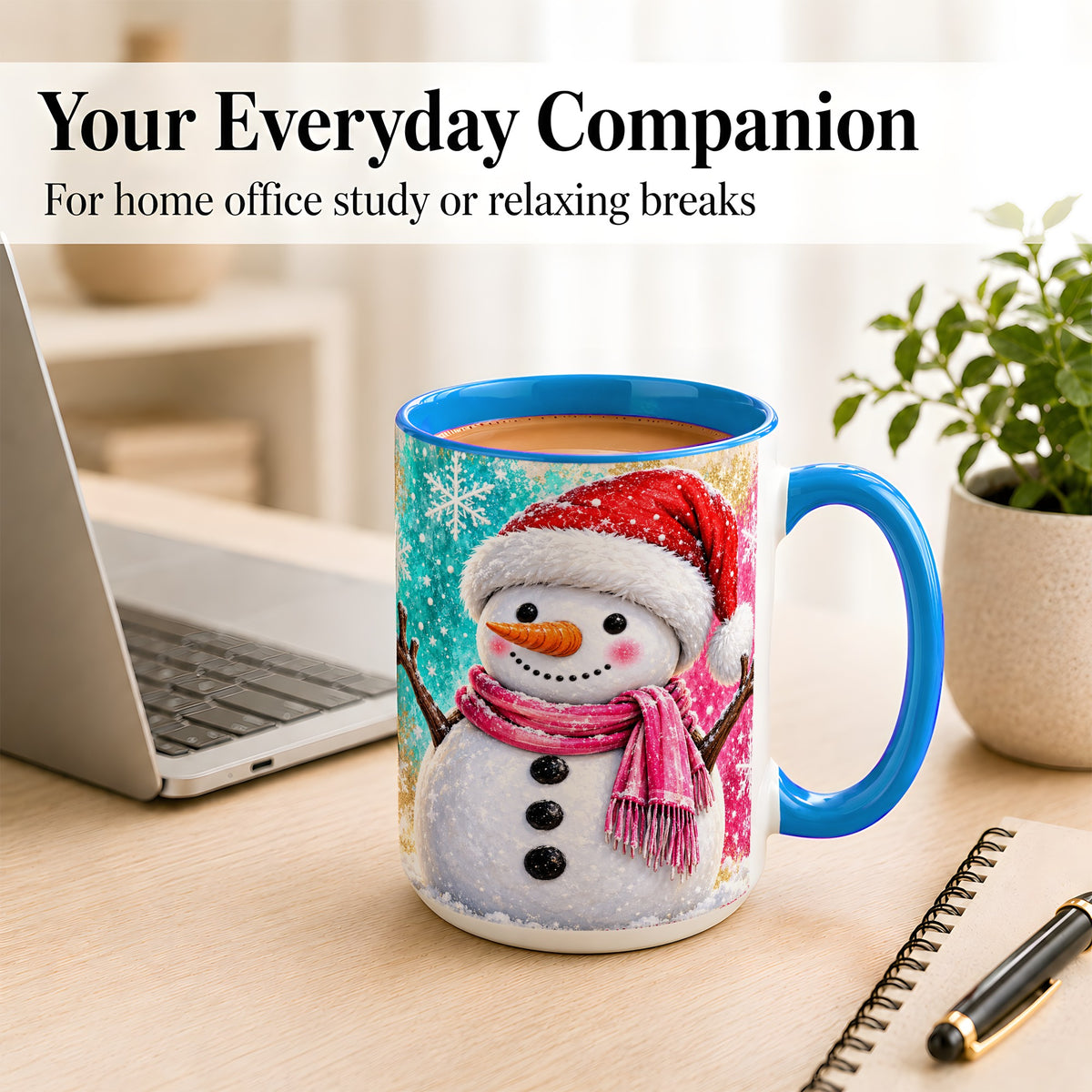 #pl[15oz|Blue] Cheerful Snowman Coffee Mug, Christmas Winter Mug, Ceramic Cup