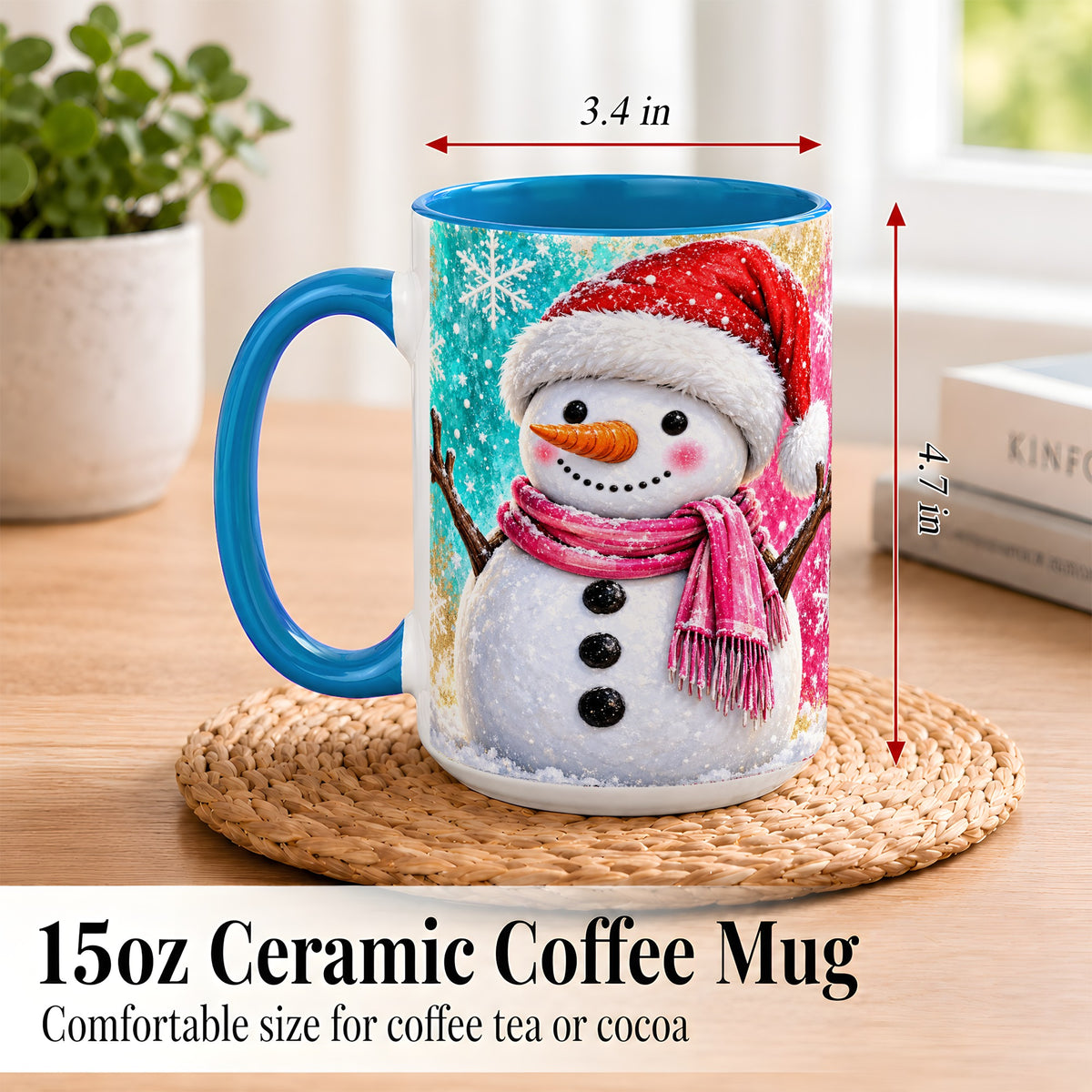 #pl[15oz|Blue] Cheerful Snowman Coffee Mug, Christmas Winter Mug, Ceramic Cup