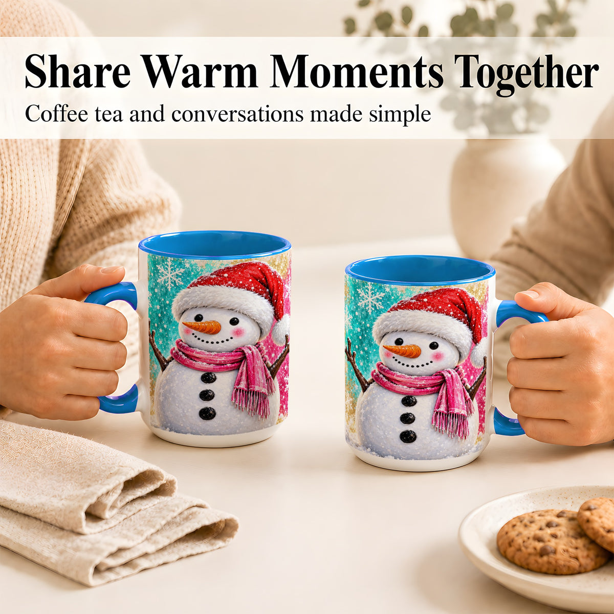 #pl[15oz|Blue] Cheerful Snowman Coffee Mug, Christmas Winter Mug, Ceramic Cup