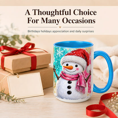 #pl[15oz|Blue] Cheerful Snowman Coffee Mug, Christmas Winter Mug, Ceramic Cup