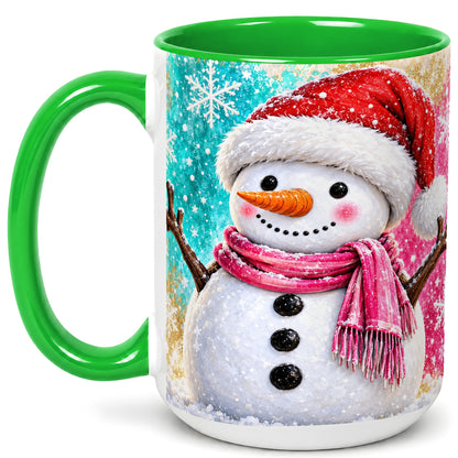 #pl[15oz|Green] Cheerful Snowman Coffee Mug, Christmas Winter Mug, Ceramic Cup