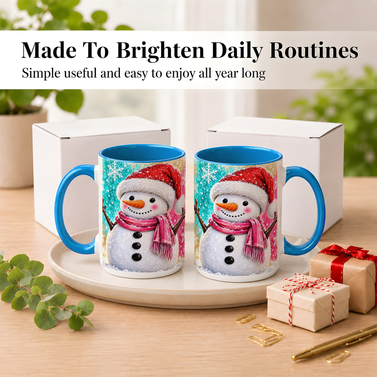 #pl[15oz|Blue] Cheerful Snowman Coffee Mug, Christmas Winter Mug, Ceramic Cup
