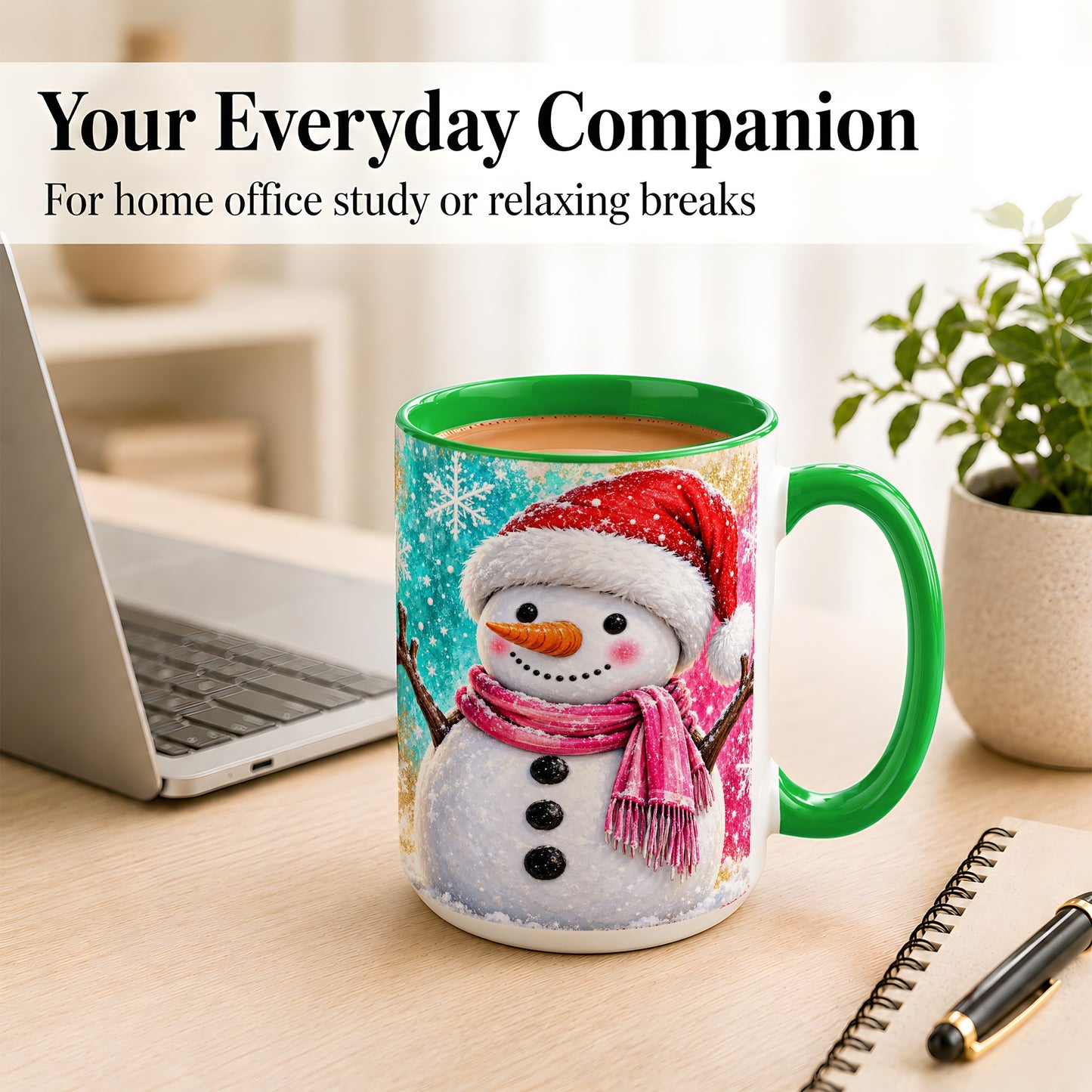 #pl[15oz|Green] Cheerful Snowman Coffee Mug, Christmas Winter Mug, Ceramic Cup