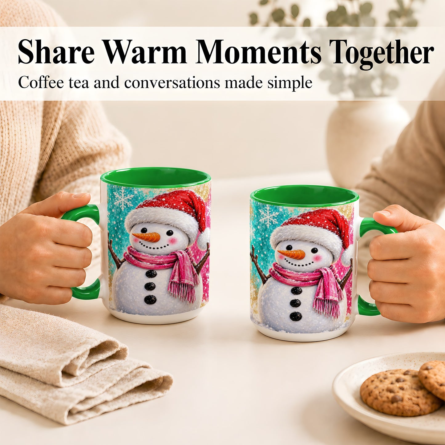 #pl[15oz|Green] Cheerful Snowman Coffee Mug, Christmas Winter Mug, Ceramic Cup