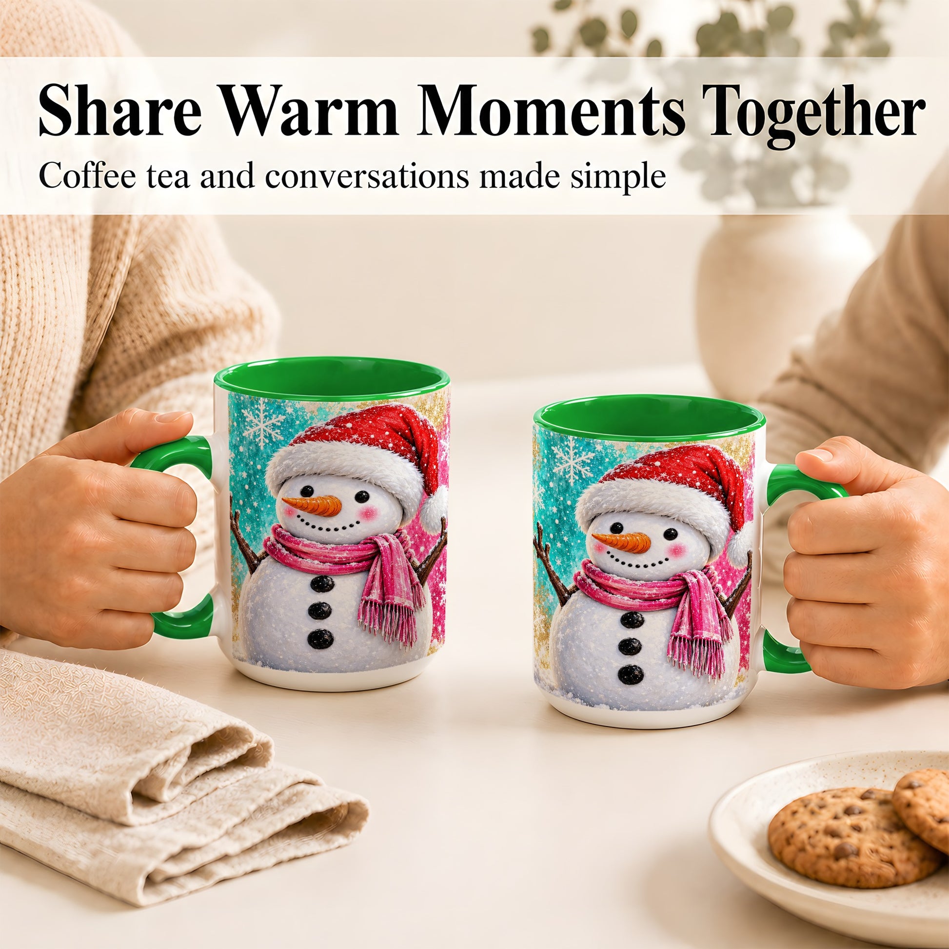 #pl[15oz|Green] Cheerful Snowman Coffee Mug, Christmas Winter Mug, Ceramic Cup
