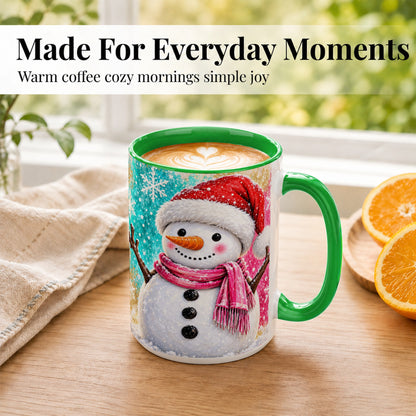 #pl[15oz|Green] Cheerful Snowman Coffee Mug, Christmas Winter Mug, Ceramic Cup