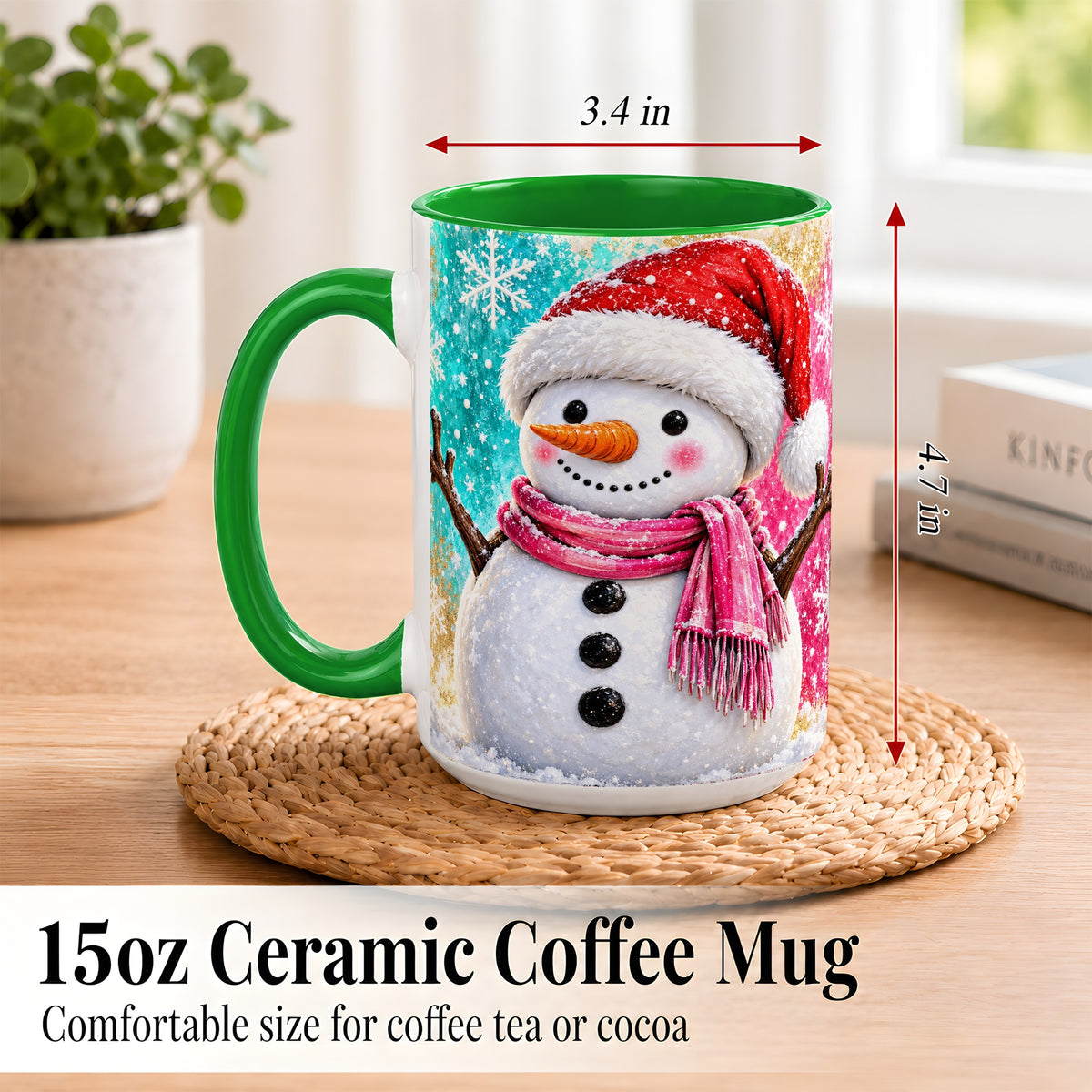 #pl[15oz|Green] Cheerful Snowman Coffee Mug, Christmas Winter Mug, Ceramic Cup