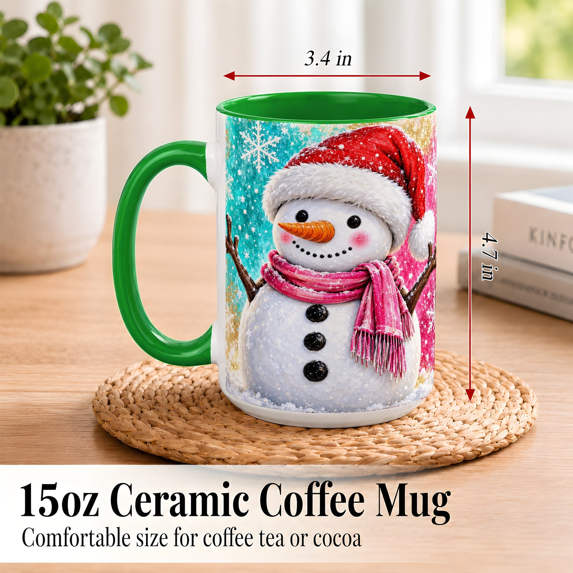 #pl[15oz|Green] Cheerful Snowman Coffee Mug, Christmas Winter Mug, Ceramic Cup