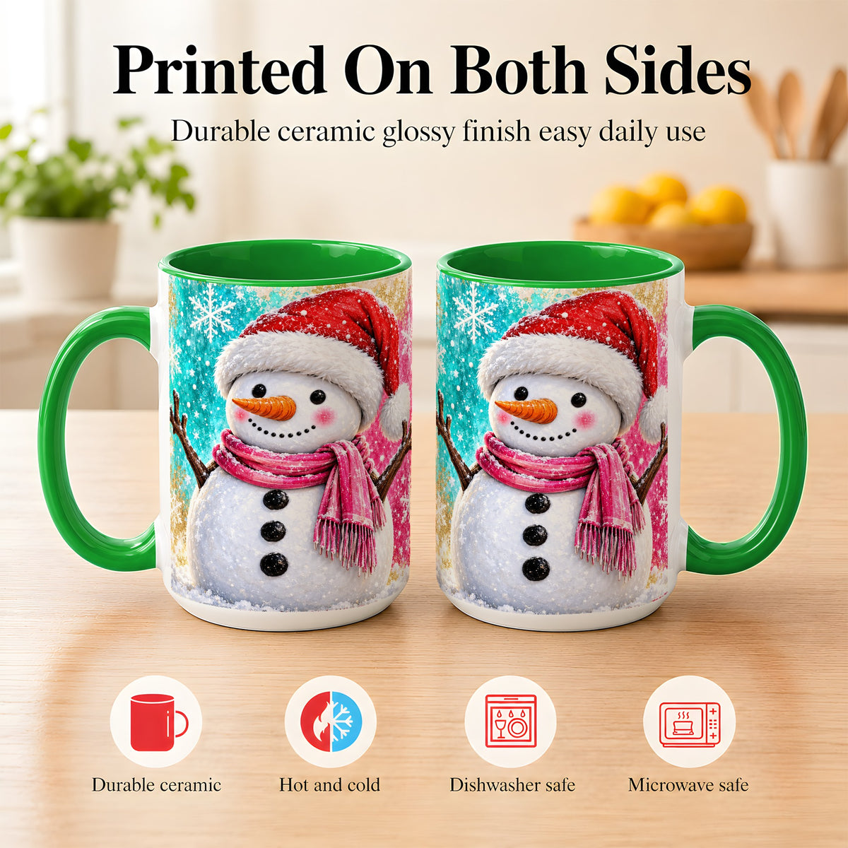 #pl[15oz|Green] Cheerful Snowman Coffee Mug, Christmas Winter Mug, Ceramic Cup