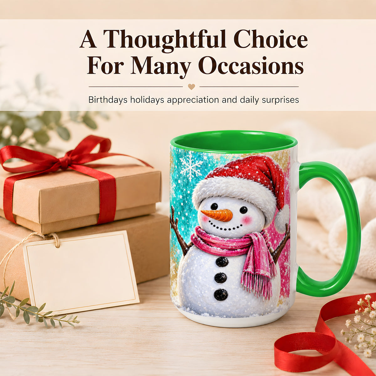 #pl[15oz|Green] Cheerful Snowman Coffee Mug, Christmas Winter Mug, Ceramic Cup