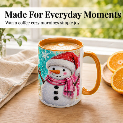 #pl[15oz|Orange] Cheerful Snowman Coffee Mug, Christmas Winter Mug, Ceramic Cup