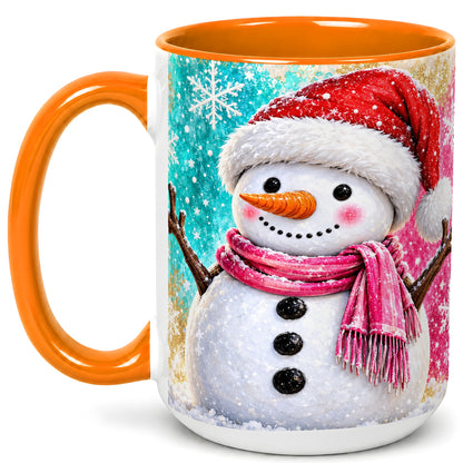#pl[15oz|Orange] Cheerful Snowman Coffee Mug, Christmas Winter Mug, Ceramic Cup