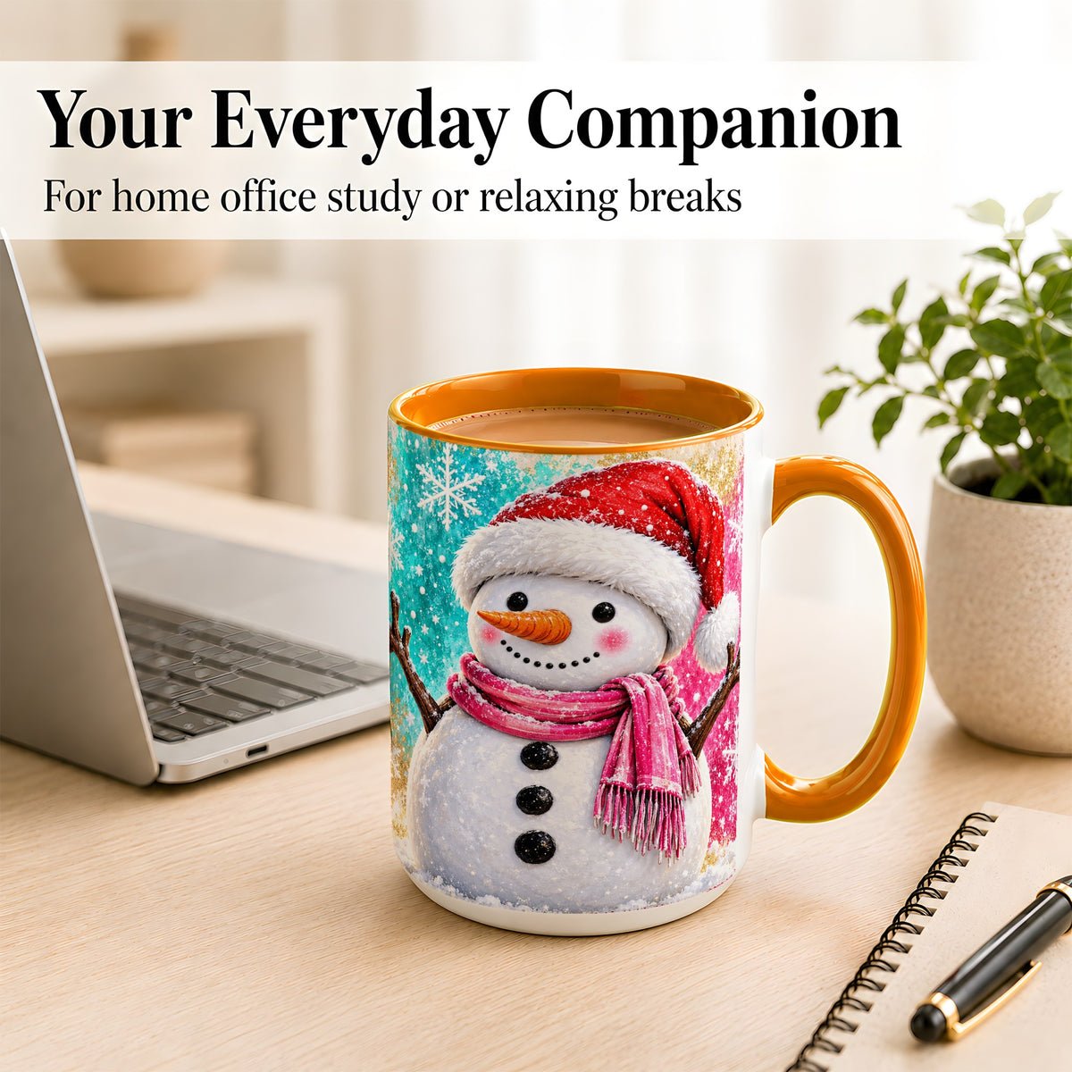 #pl[15oz|Orange] Cheerful Snowman Coffee Mug, Christmas Winter Mug, Ceramic Cup