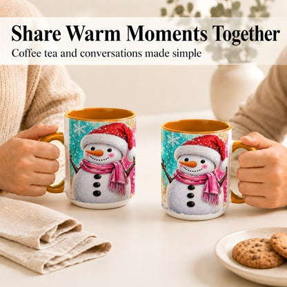 #pl[15oz|Orange] Cheerful Snowman Coffee Mug, Christmas Winter Mug, Ceramic Cup