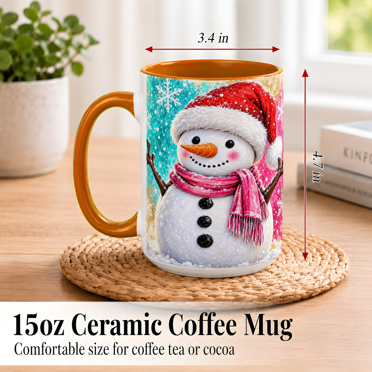 #pl[15oz|Orange] Cheerful Snowman Coffee Mug, Christmas Winter Mug, Ceramic Cup