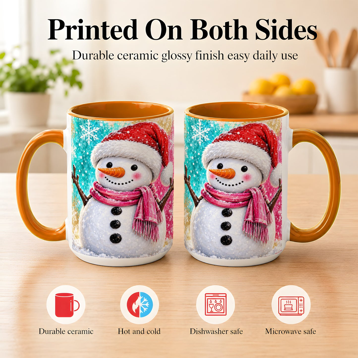 #pl[15oz|Orange] Cheerful Snowman Coffee Mug, Christmas Winter Mug, Ceramic Cup