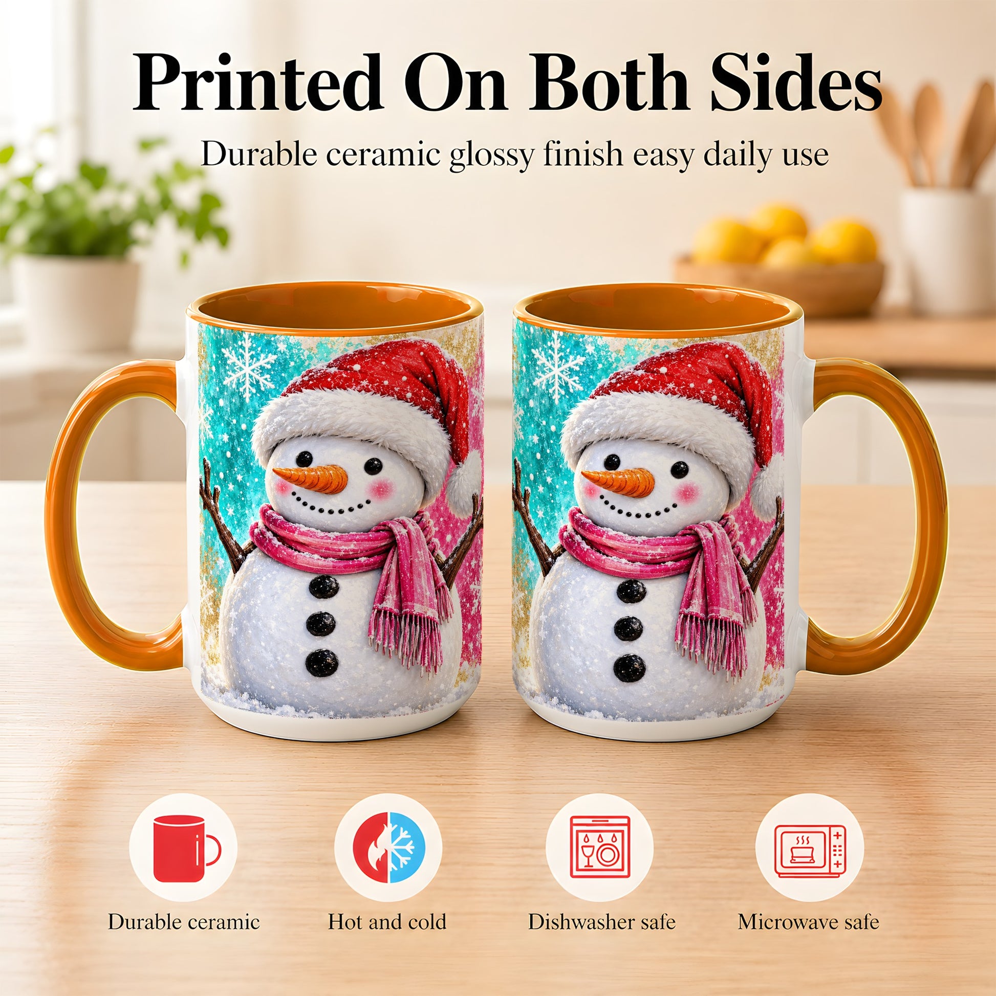 #pl[15oz|Orange] Cheerful Snowman Coffee Mug, Christmas Winter Mug, Ceramic Cup