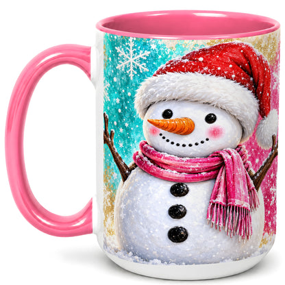 #pl[15oz|Pink] Cheerful Snowman Coffee Mug, Christmas Winter Mug, Ceramic Cup
