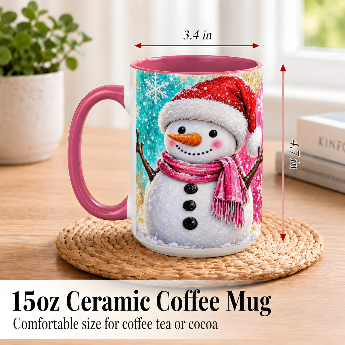 #pl[15oz|Pink] Cheerful Snowman Coffee Mug, Christmas Winter Mug, Ceramic Cup