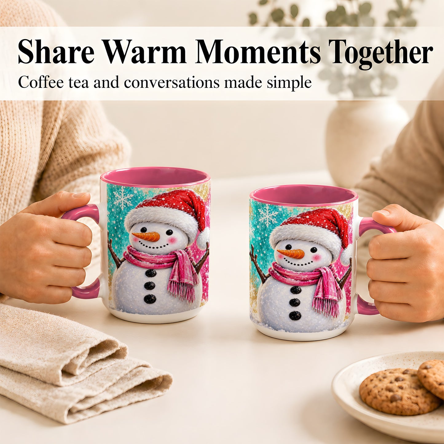 #pl[15oz|Pink] Cheerful Snowman Coffee Mug, Christmas Winter Mug, Ceramic Cup
