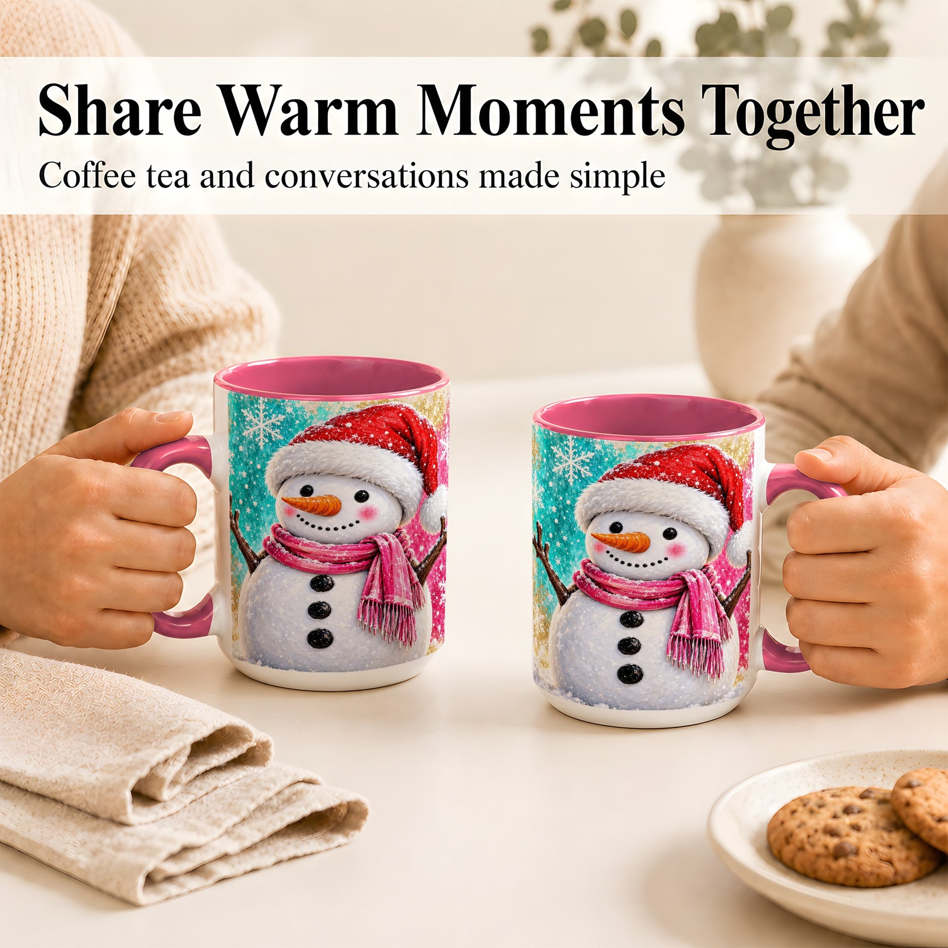 #pl[15oz|Pink] Cheerful Snowman Coffee Mug, Christmas Winter Mug, Ceramic Cup
