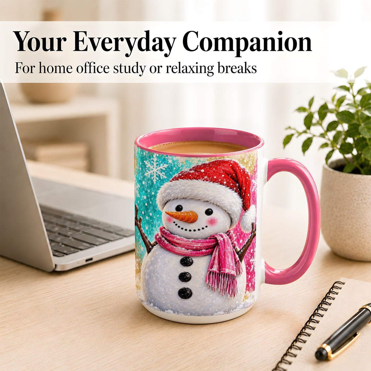 #pl[15oz|Pink] Cheerful Snowman Coffee Mug, Christmas Winter Mug, Ceramic Cup