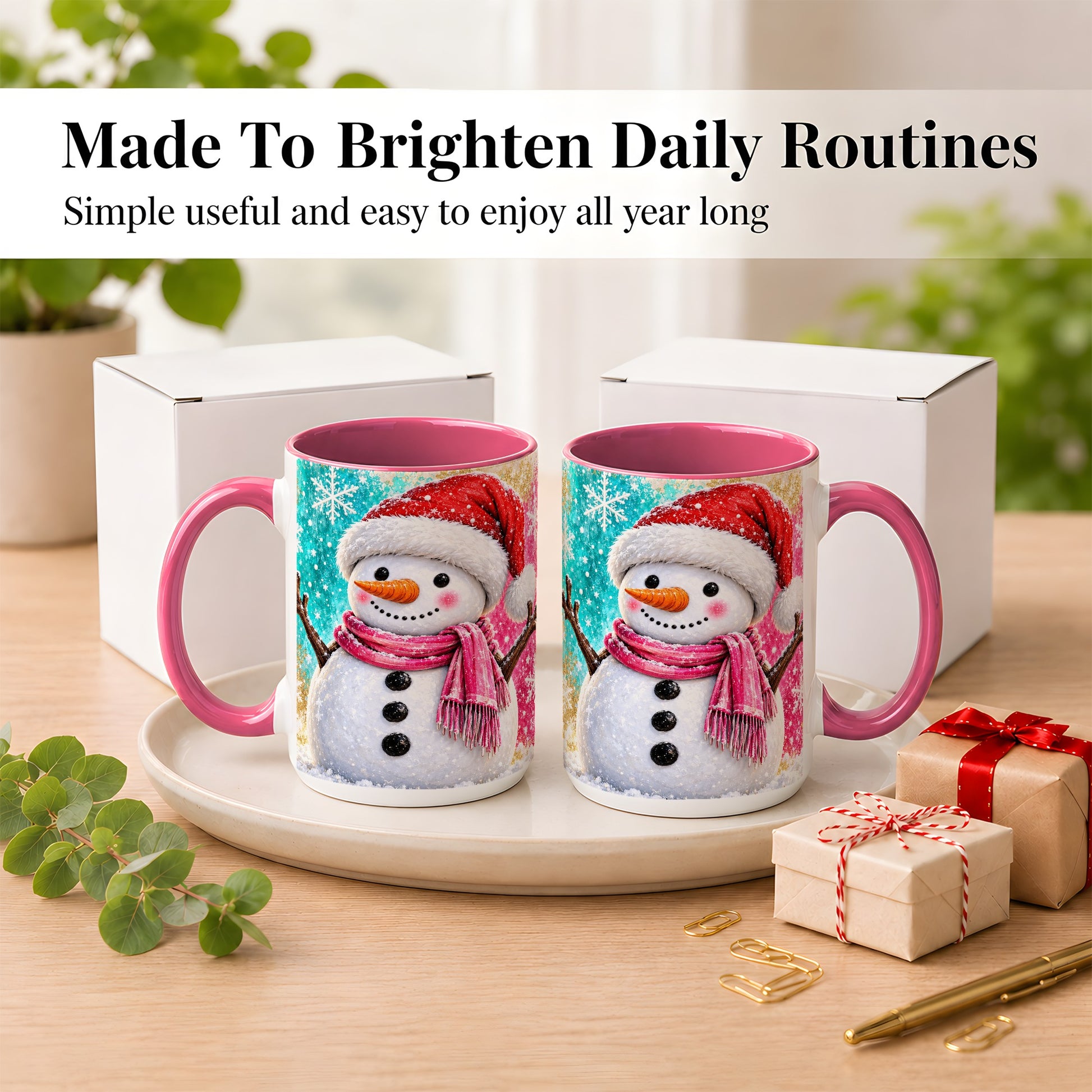 #pl[15oz|Pink] Cheerful Snowman Coffee Mug, Christmas Winter Mug, Ceramic Cup