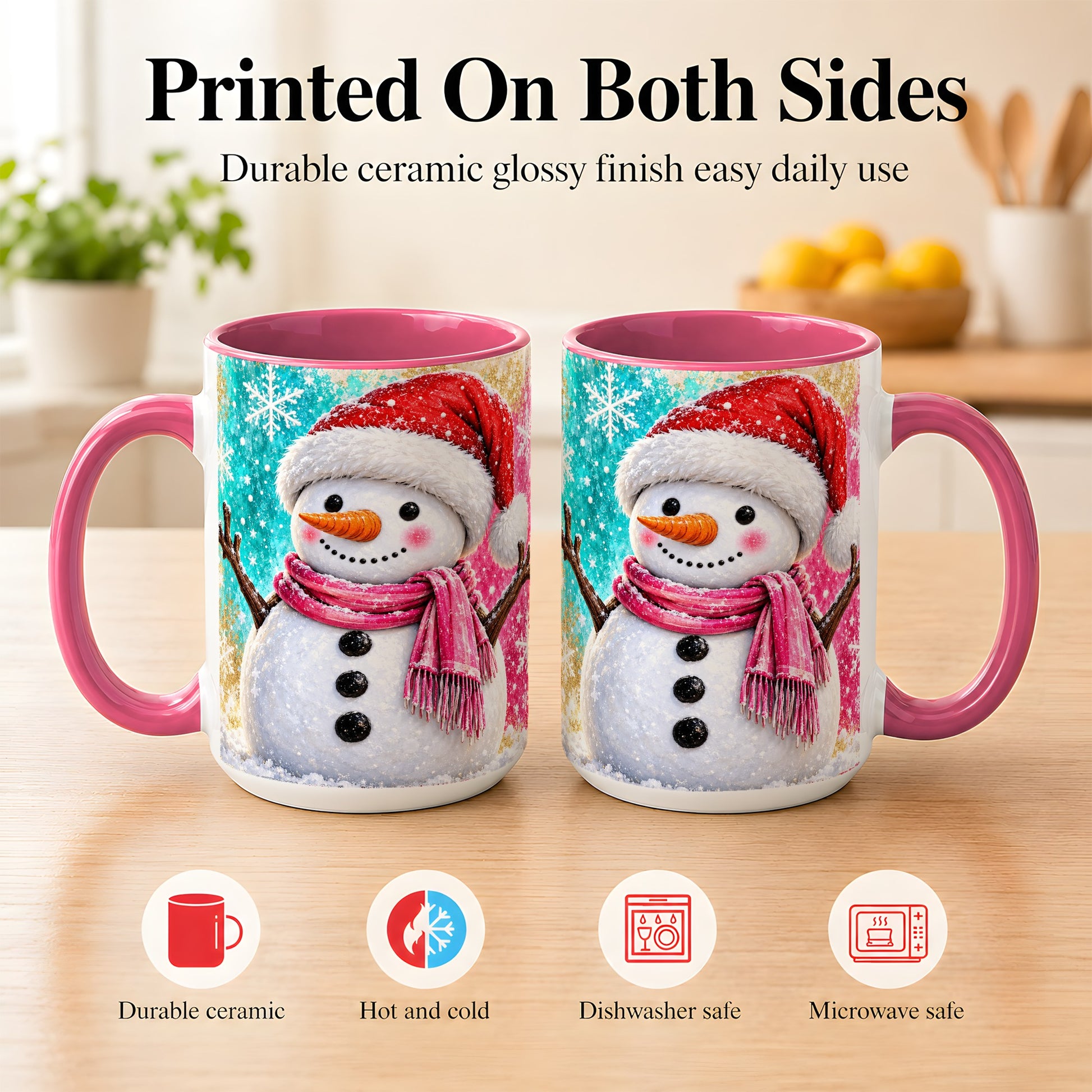 #pl[15oz|Pink] Cheerful Snowman Coffee Mug, Christmas Winter Mug, Ceramic Cup