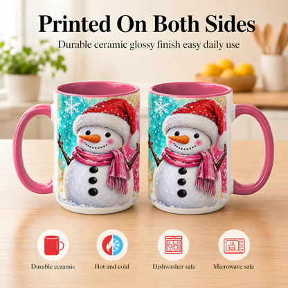 #pl[15oz|Pink] Cheerful Snowman Coffee Mug, Christmas Winter Mug, Ceramic Cup