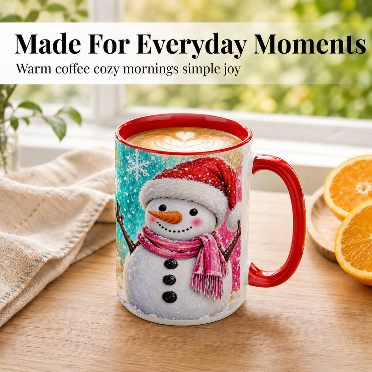#pl[15oz|Red] Cheerful Snowman Coffee Mug, Christmas Winter Mug, Ceramic Cup