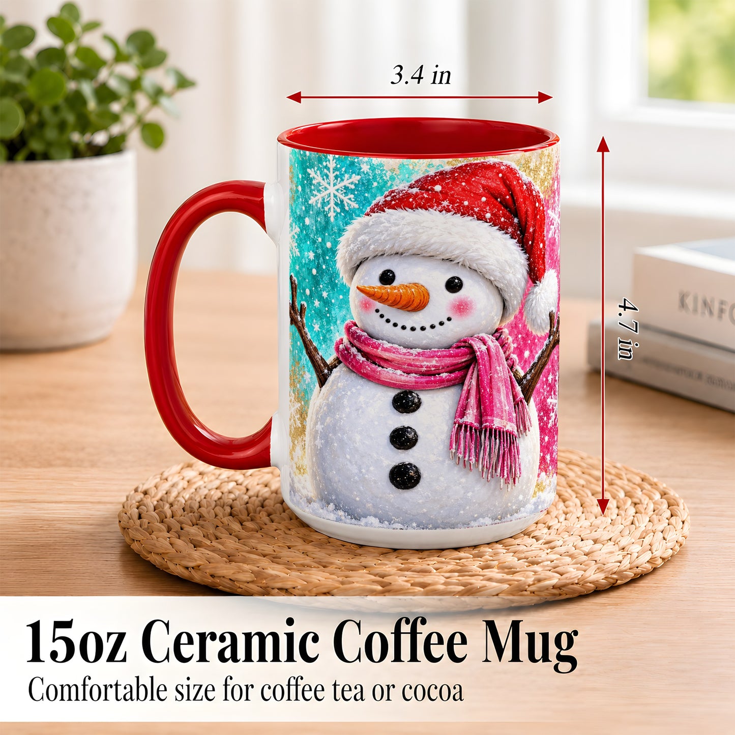 #pl[15oz|Red] Cheerful Snowman Coffee Mug, Christmas Winter Mug, Ceramic Cup