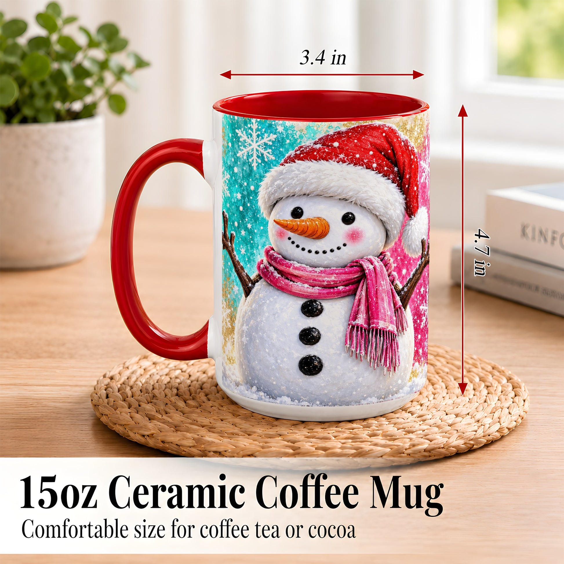 #pl[15oz|Red] Cheerful Snowman Coffee Mug, Christmas Winter Mug, Ceramic Cup